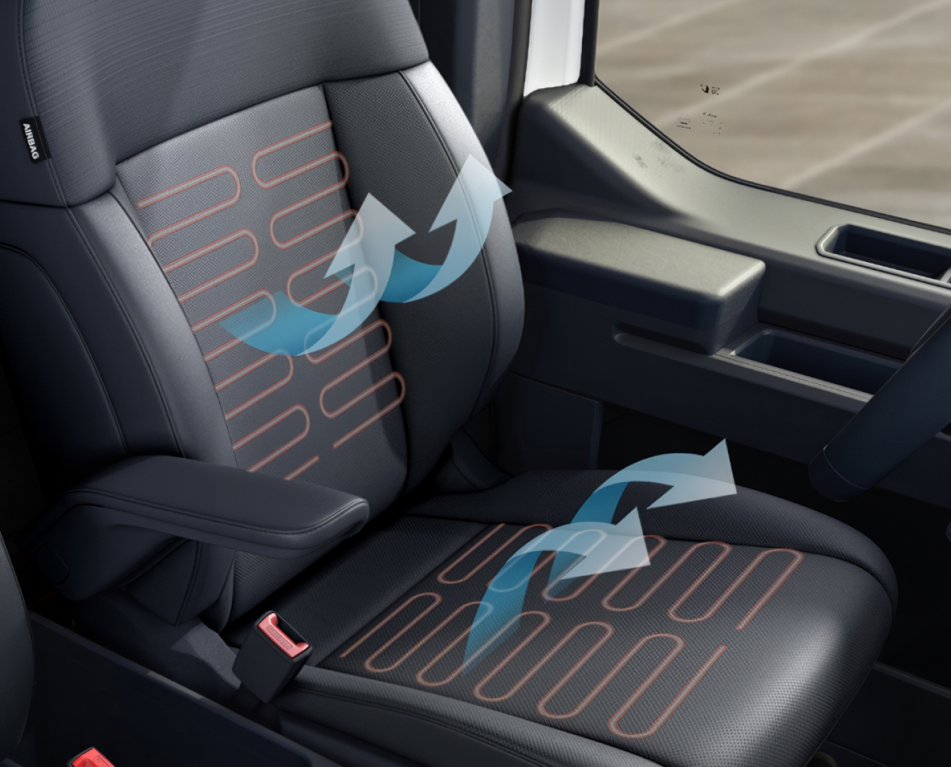 Close-up of the Kia PV5 Cargo seat with ventilated and heated function highlighted