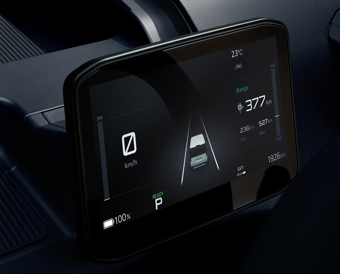 Close-up of the Kia PV5 Cargo digital cluster with driving information