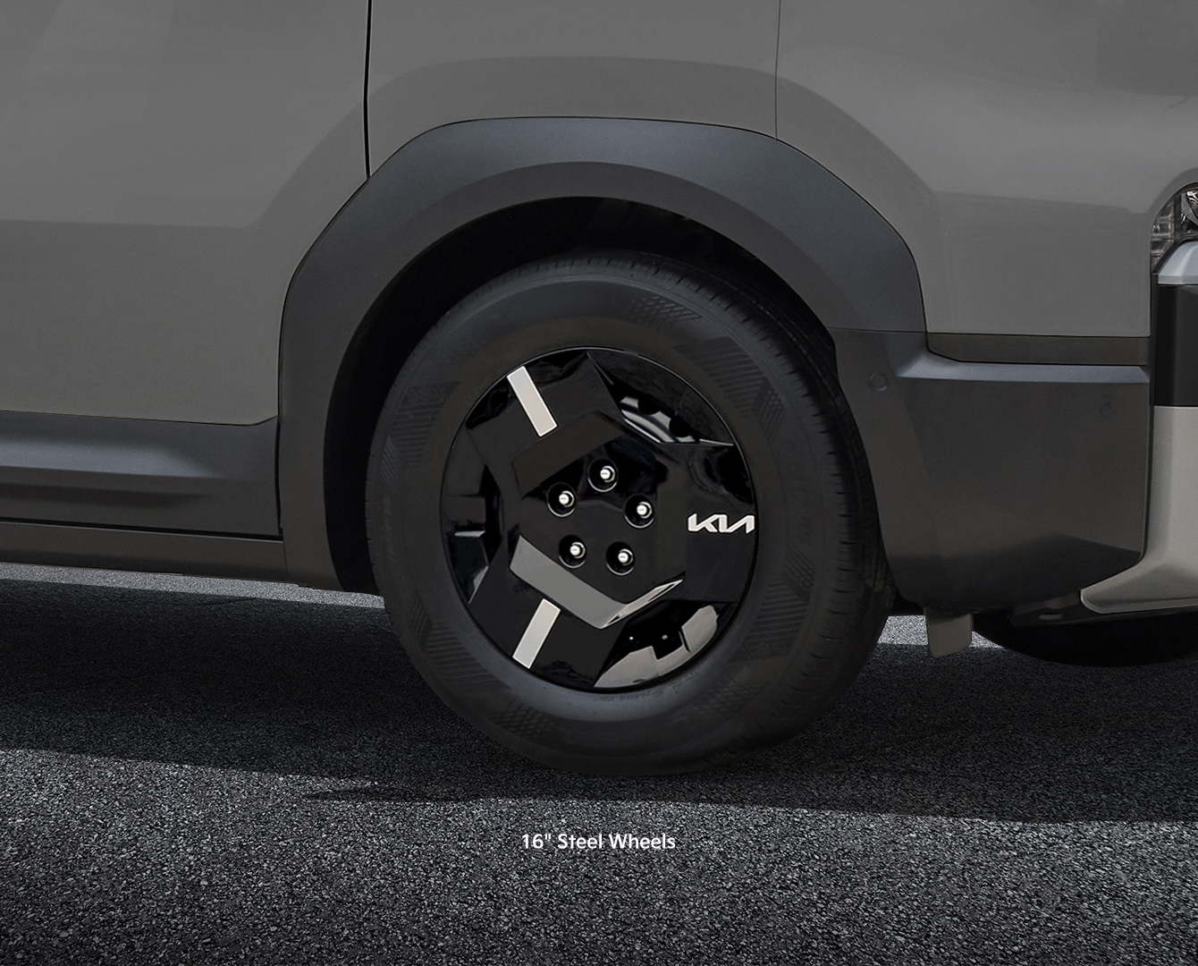 Close-up of the Kia PV5 Cargo right front wheel