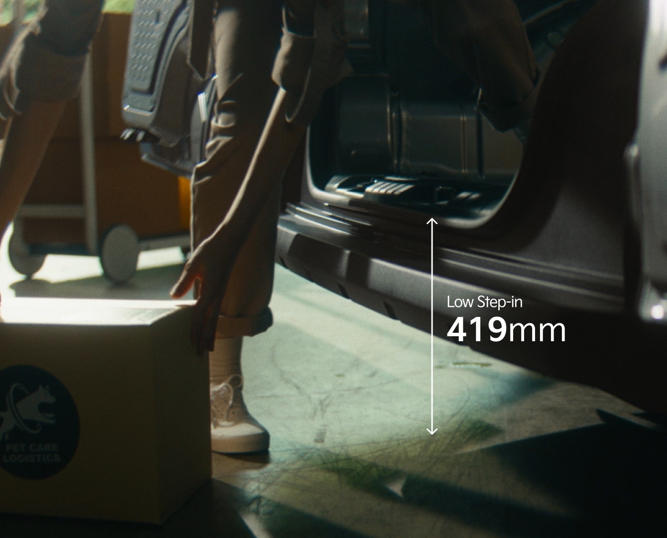 Close-up of the Kia PV5 Cargo step-in height near rear door