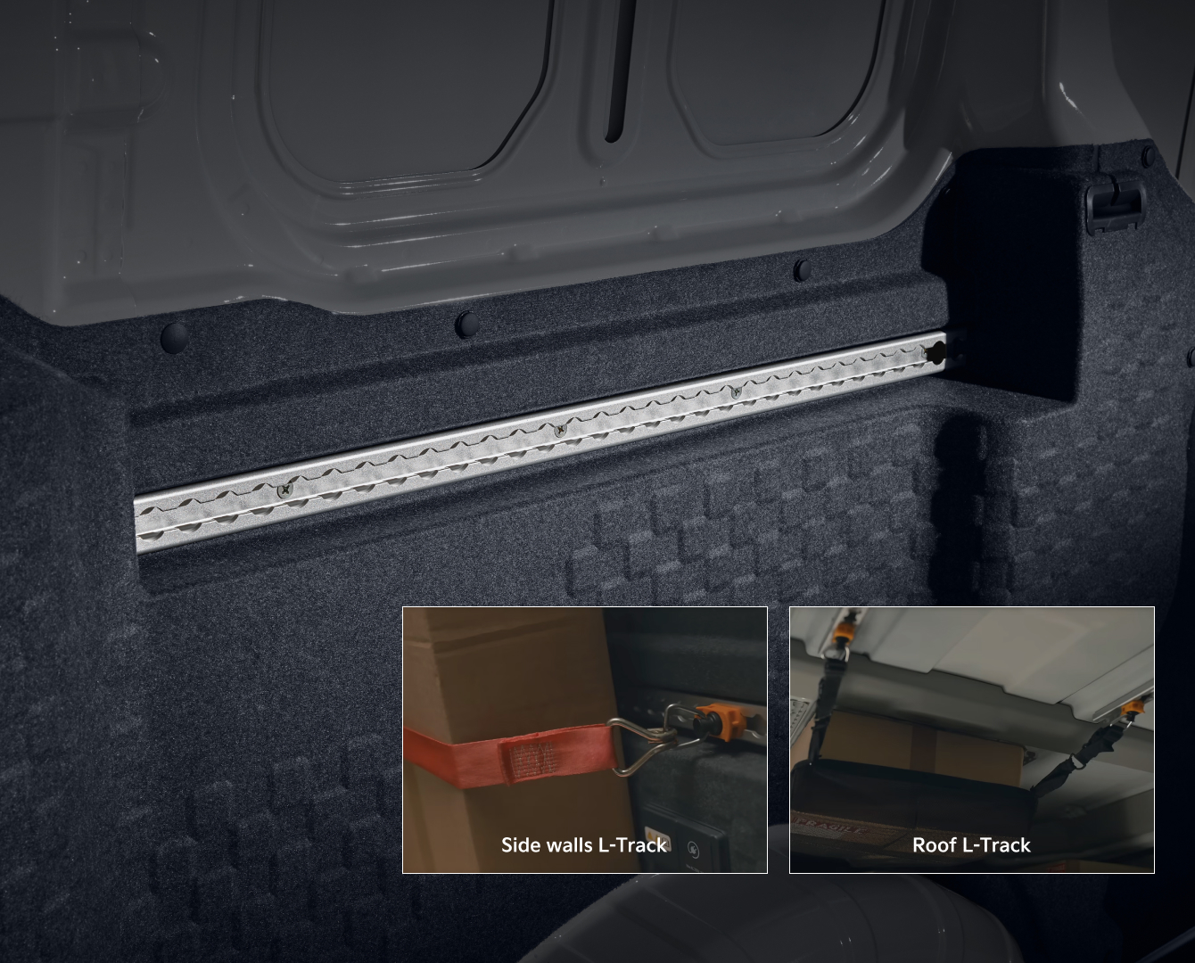 Close-up of the Kia PV5 Cargo L-track rail with inset examples of secured items